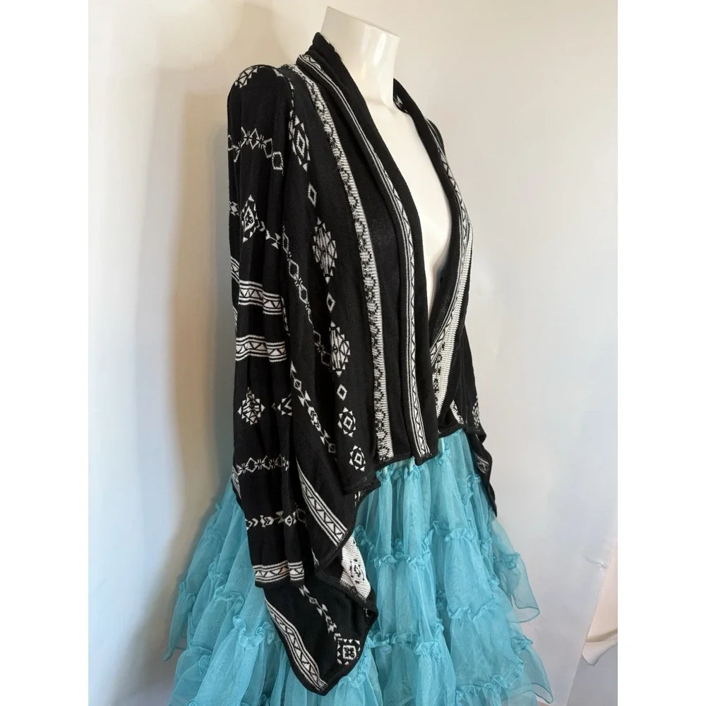 Say What Womens Cardigan Open Front Size S‎ Black And White Diamond Stripe EUC